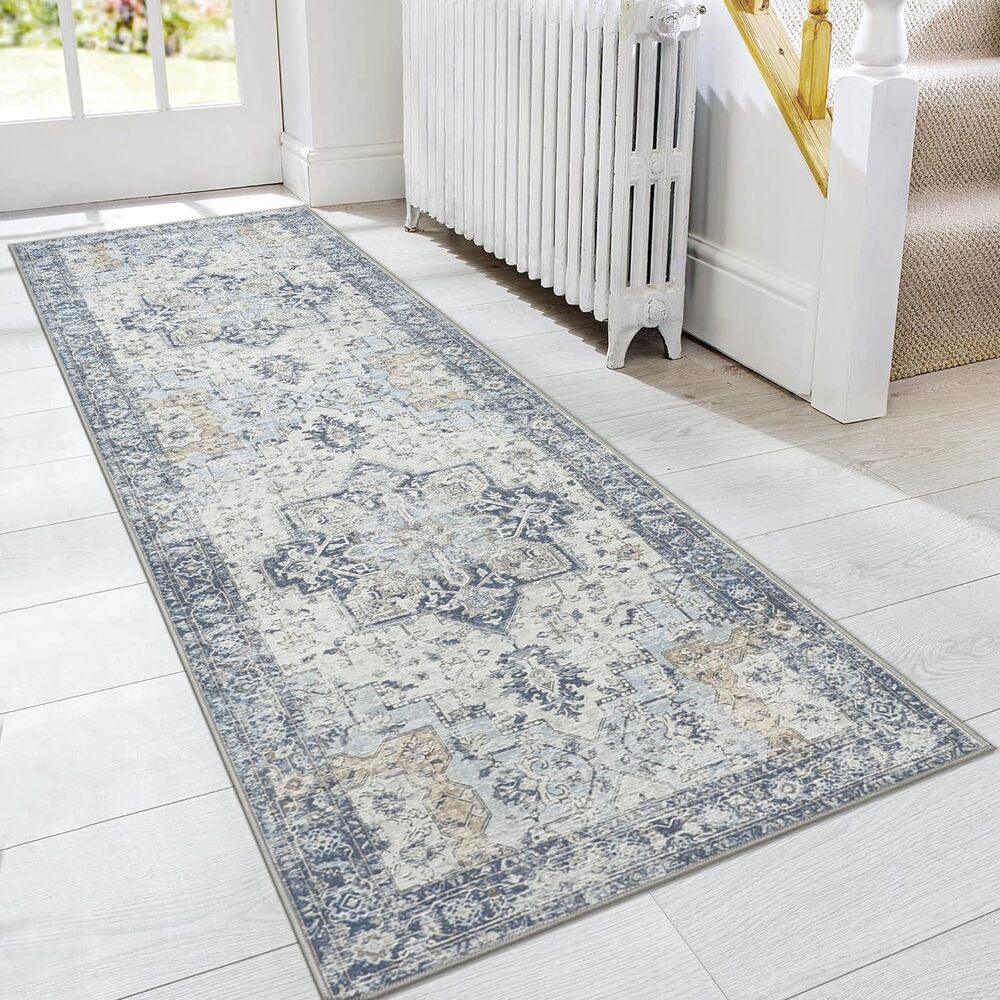 Genimo Runner Rug 2x5, Non Slip Vintage Low Pile Lightweight Blue/Gold